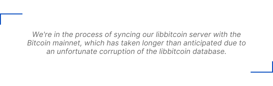 We're in the process of syncing our libbitcoin server with the Bitcoin mainnet, which has taken longer than anticipated due to an unfortunate corruption of the libbitcoin database.